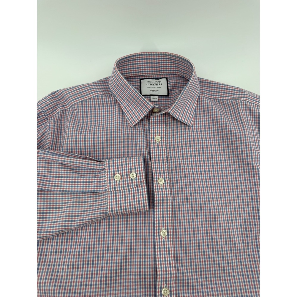 Charles Tyrwhitt Mens 16/34 Classic Fit Non-Iron Cotton Check Shirt Red Blue